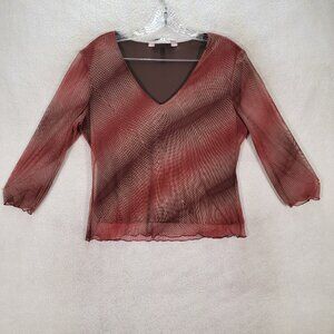 Vtg John Paul Richard Uniform Burgundy Mesh Retro Print Stretch Sheer Blouse